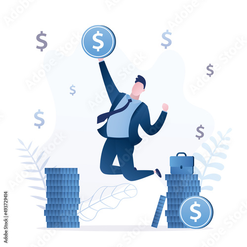 Successful businessman with money. Happy trader with profit in jump. Huge earning, salary. Entrepreneur making big money. Stacks of dollar coins. Male winner with reward.