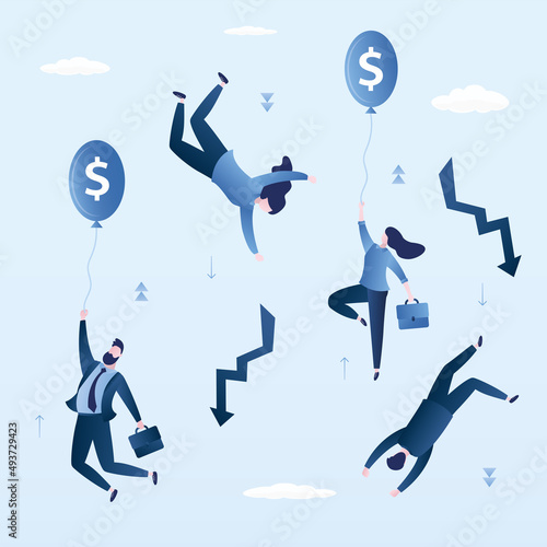 Financial and economic crisis. Investors fall and loss of money, savings. Panic sale. Some successful traders fly in balloons, making money on falling stocks. Risk management.