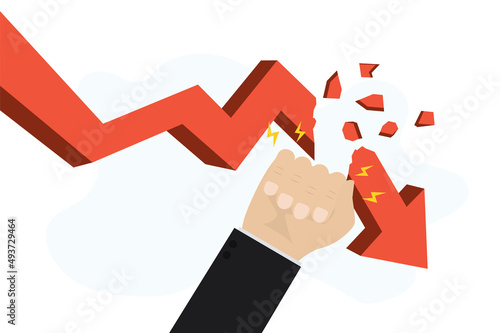 Businessman's hand breaks falling graph. Overcoming the financial and economic crisis. Red arrow stock chart. The trader breaks the trend to sell and fall.
