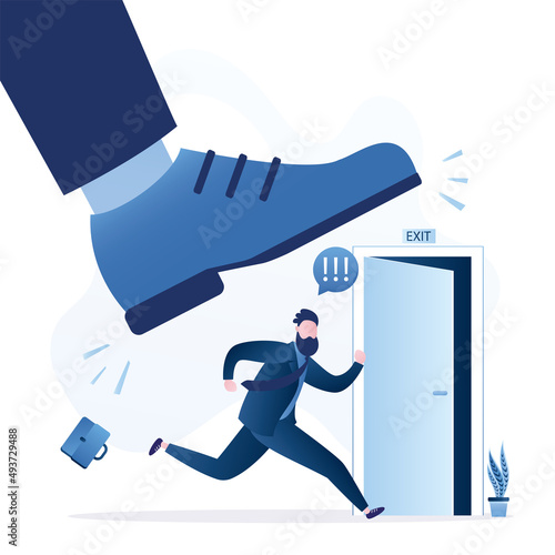 Huge boss boot puts psychological pressure on worker man. Male employee runs away from office. Voluntary dismissal due to mental problems. Abuse or harassment at work. Overwork.