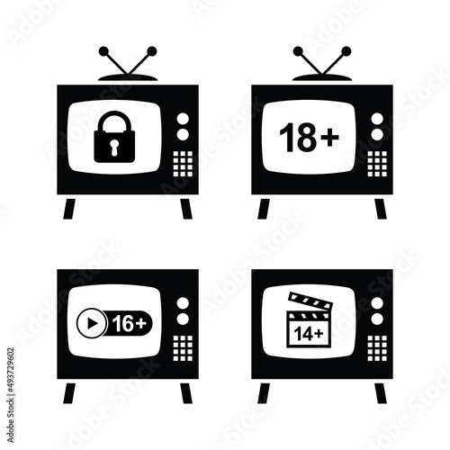 Set of Old tv  with parental control label, 18 plus. Vintage display with control for video content in Internet and streaming services. Age restrictions. Icons or black sign.