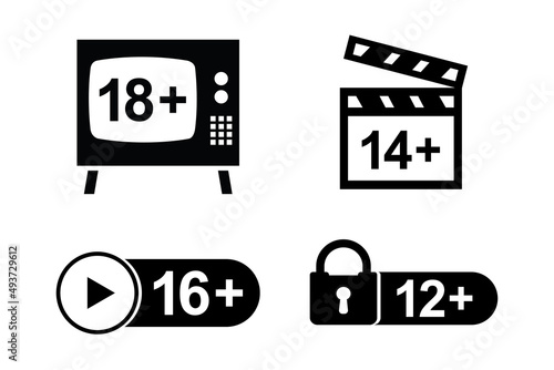 Set of various parental control labels. Age restrictions. Control for media content in Internet, games and streaming services. Collection of monochromatic Icons.