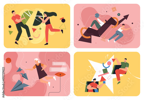 People connect abstract geometric shapes vector illustration set. Cartoon team of man woman characters carry colorful circle square figures together, partners work with geometry chaos background