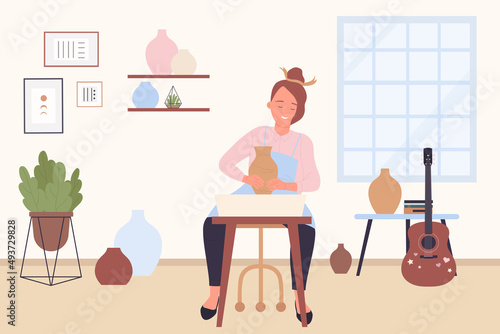 Pottery art workshop and craft ceramics. Young girl ceramist working, making handmade clay pot bowl or vase on wheel, work of cute woman potter flat vector illustration. Hobby, handicraft concept