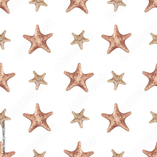 Watercolor seamless pattern with vintage red starfishes isolated on white background. Marine collection.