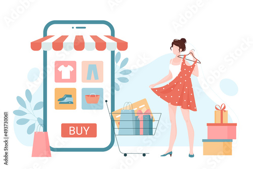 Online commerce, retail fashion store or marketplace app and customer with purchases. Tiny woman shopping to buy clothes via mobile phone flat vector illustration. Digital marketing, sales concept