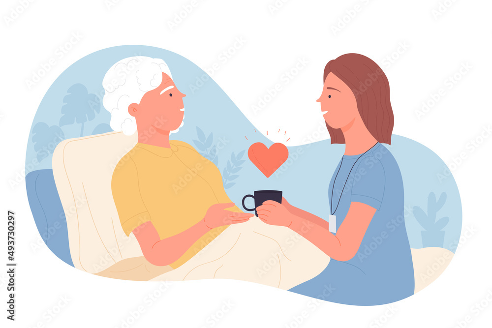 Elderly old people help and care service. Volunteer lovegiving for senior woman flat vector illustration