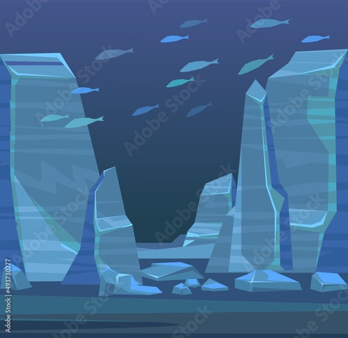 Deep sea landscape with rocky cliffs. Ocean floor. Underwater wild life of fish. Natural landscape. Illustration in cartoon style flat design. Vector