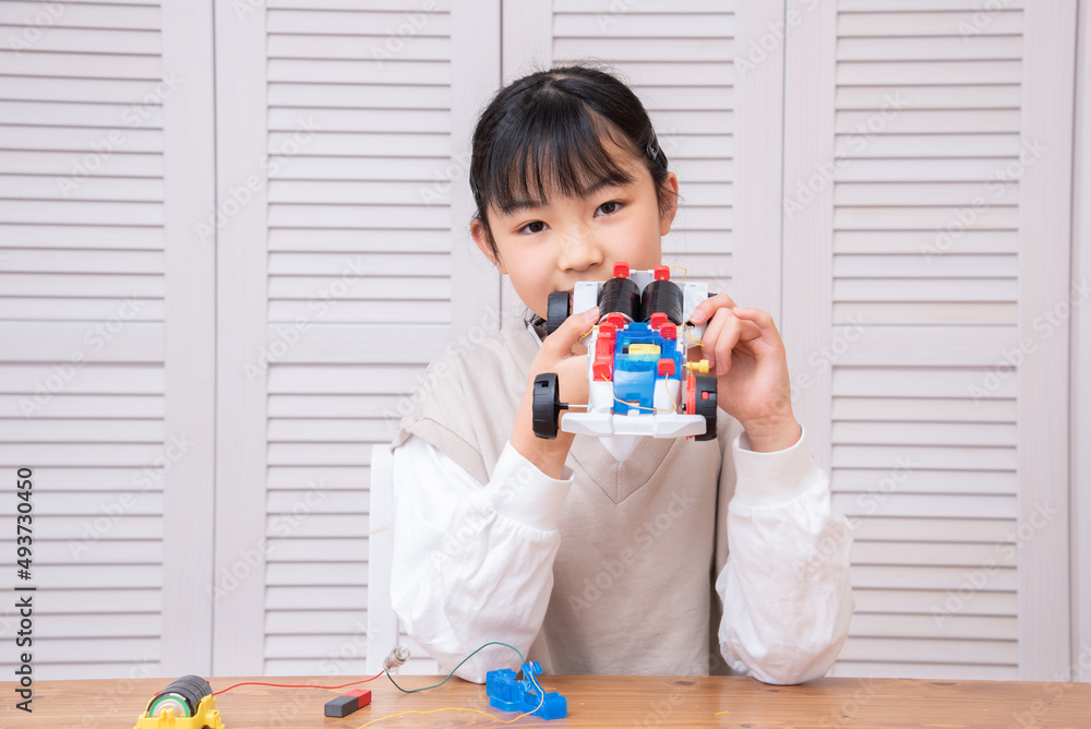 自宅で自由研究をする小学生の女の子 自宅で自由研究をする小学生の女の子