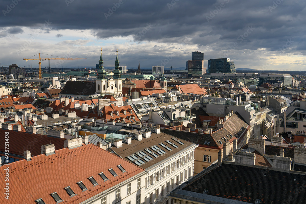 Aerial view of Vienna from North Tower of St. Stephen Cathedral or Stephansdom, main catholic church in Vienna, Austria