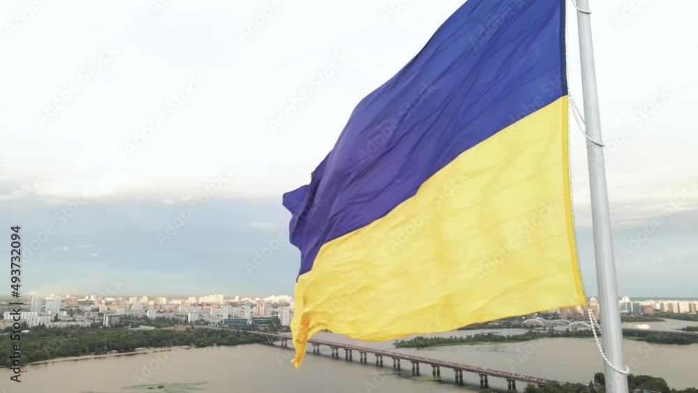 Kyiv - National flag of Ukraine by day. Aerial view. Kiev Stock Video ...