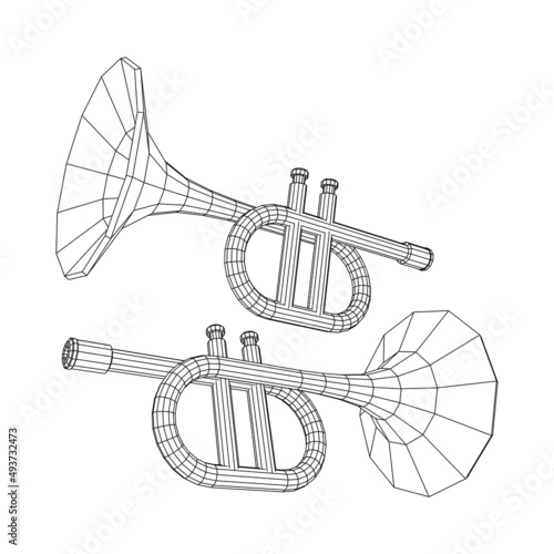 Trumpet pipe fife musiacal instrument. Wireframe low poly mesh vector illustration.