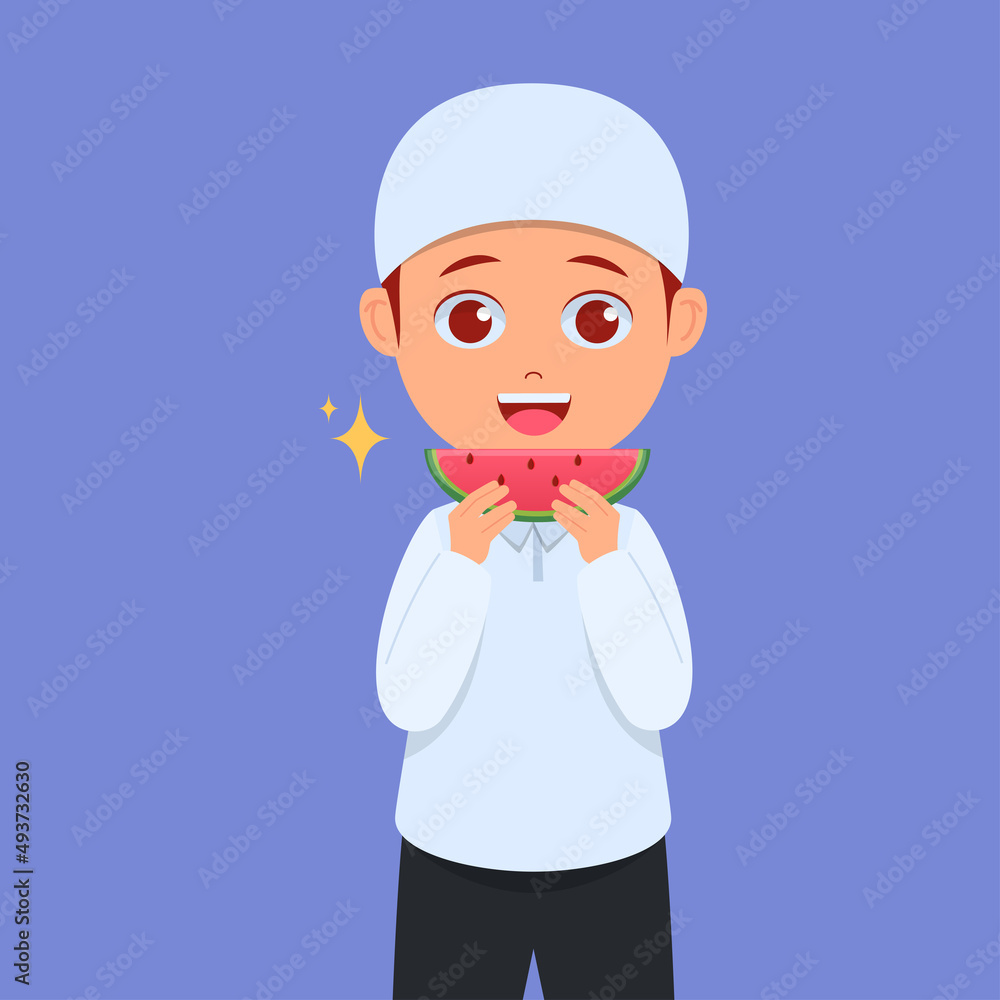 Cute boy eating fresh watermelon, happy face Cute boy eating fresh watermelon, happy face