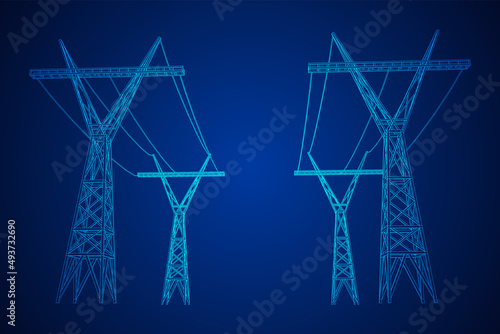 Power transmission tower high voltage pylon. Wireframe low poly mesh vector illustration