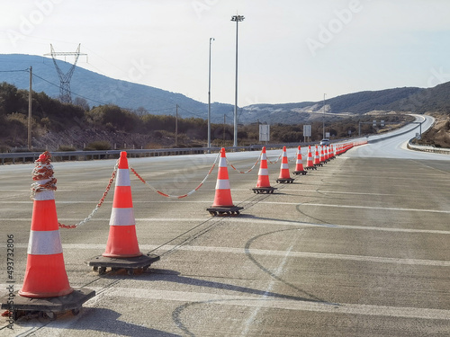 traffic cones on ionia highway after toll station greece photo