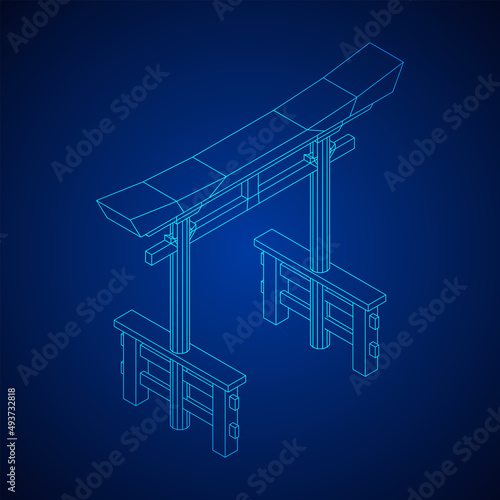 Torii sacred traditional gate. Symbol of Japan,shintoism religion. Japanese Tori arch ancient entrance. Wireframe low poly mesh vector illustration