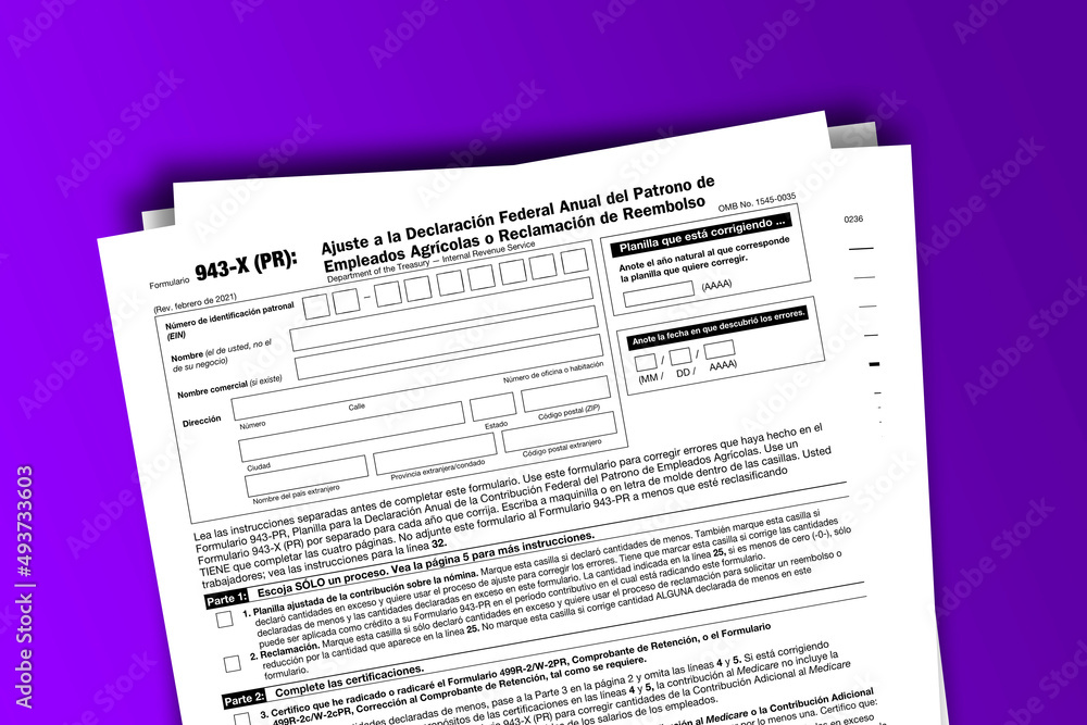 Form 943-X (PR) documentation published IRS USA 03.30.2021. American tax document on colored Form 943-X (PR) documentation published IRS USA 03.30.2021. American tax document on colored