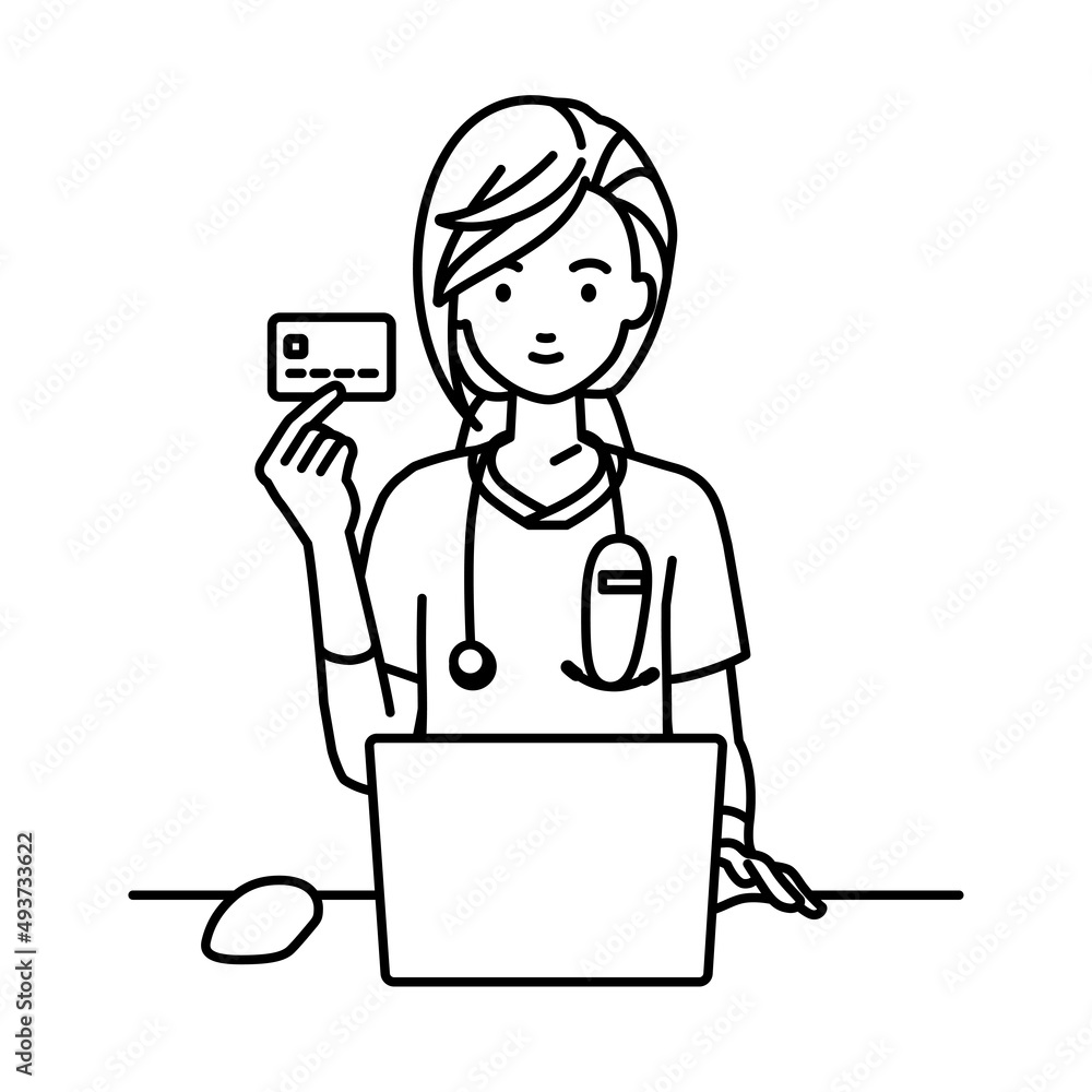 デスクで座ってPCを使いながらクレジットカードを手に持っている看護師の女性