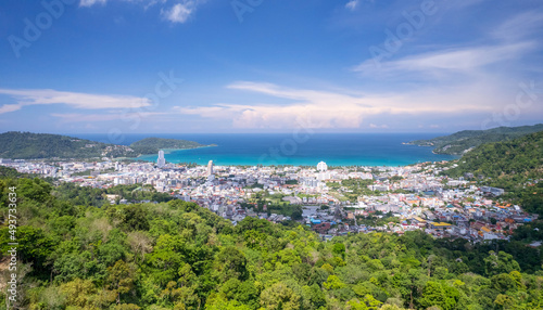 Phuket Thailand patong bay. Panorama landscape nature view from Drone camera. Aerial view of patong city in phuket thailand. Beautiful sea in summer sunny day time