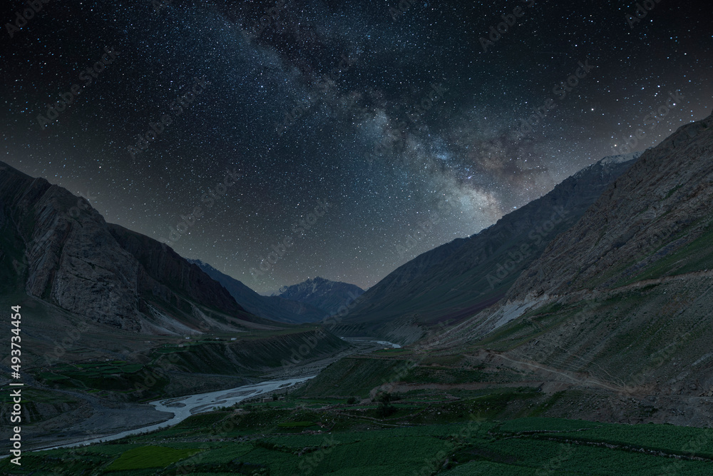 Milky way over Himalayas seen from Mud village,Spiti Valley, Himachal Pradesh, India