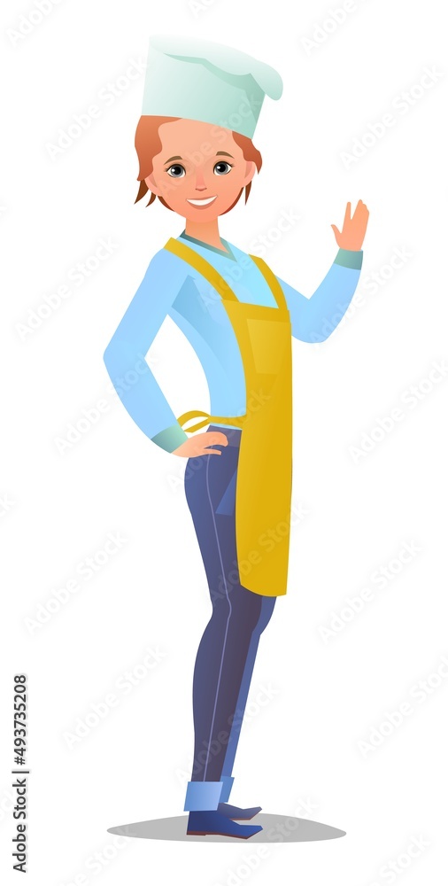 Female cook in overalls. Little Girl from kitchen in an apron. Cheerful person. Standing pose. Cartoon comic style flat design. Single character. Illustration isolated on white background. Vector Female cook in overalls. Little Girl from kitchen in an apron. Cheerful person. Standing pose. Cartoon comic style flat design. Single character. Illustration isolated on white background. Vector