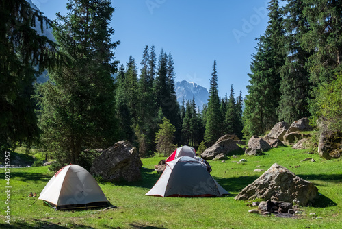 Beautiful tents in mountains near rive. Trekking, camping concept. Beautiful summer landscape. Base camp in beautiful mountain gorge. Barskoon river valley. Travel, tourism in Kyrgyzstan concept.