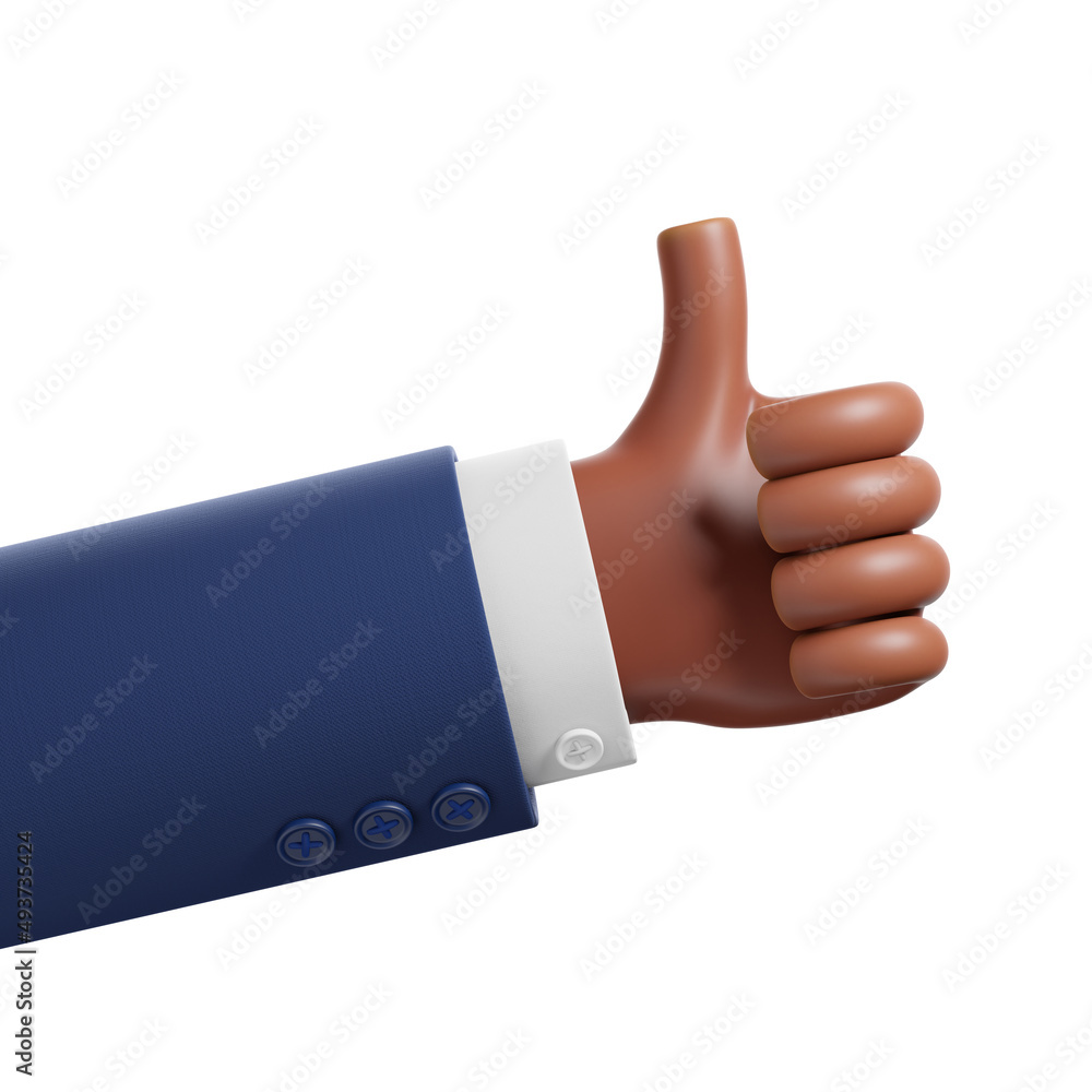 Black african american cartoon businessman hand thumb up success or good feedback, positive concept and like symbol blue suit jacket isolated over white background. Black african american cartoon businessman hand thumb up success or good feedback, positive concept and like symbol blue suit jacket isolated over white background.