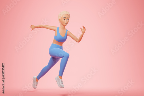 Beautiful blonde cartoon character strong woman in blue sportswear run over pink background with copy space. Fitness club advertising.