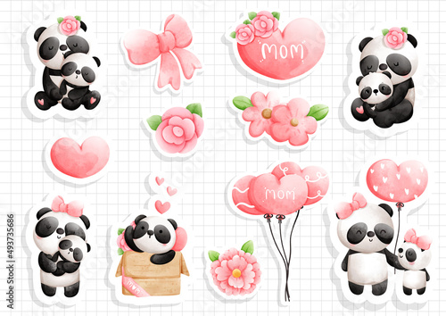 Mother's day panda sticker, vector illustration