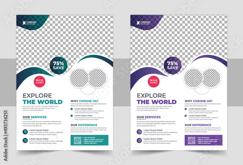 Travel Vacation Tour Agency Flyer Template Design. Travel flyer or poster brochure design layout. 2 colorful Travel flyer template for travel agency