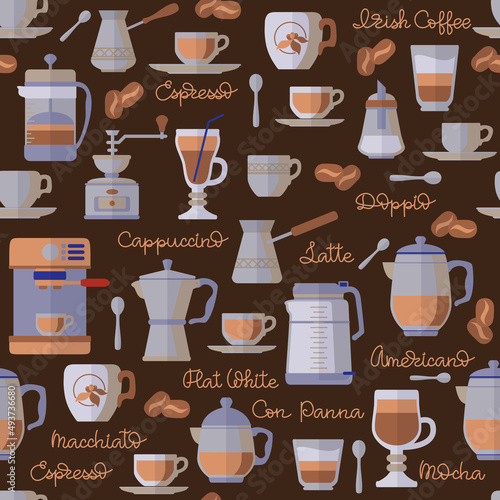 Coffee Time seamless pattern. Coffee equipment icons and words. Vector.