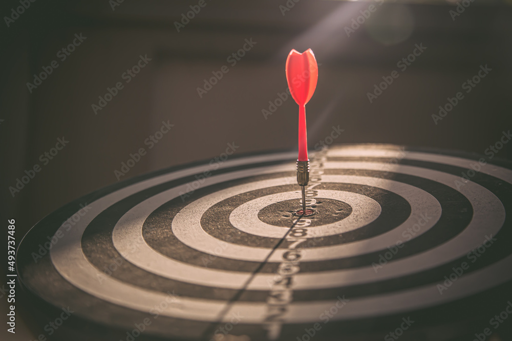 Bullseye target goal or dartboard has dart arrow throw hitting center shooting for financial business targeting planning to winner concept. Bullseye target goal or dartboard has dart arrow throw hitting center shooting for financial business targeting planning to winner concept.