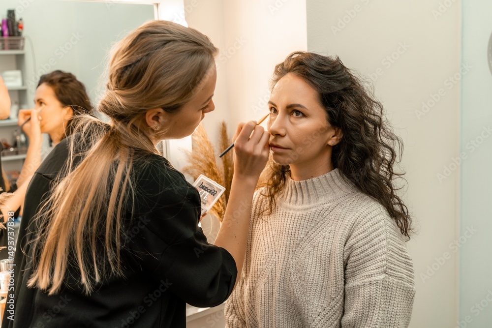 Make-up artist makes a professional make-up of a young woman in the studio. Make-up artist makes a professional make-up of a young woman in the studio.