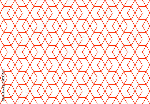 Contemporary geometric 3d effect line art tessellated repeating pattern of cubes and diamond shapes in orange outline colour against a white background, vector illustration