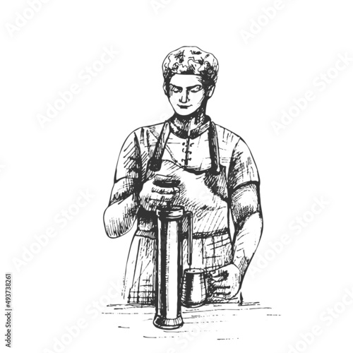 549_barista barista prepares coffee,engraving, black line on a white background