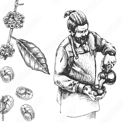 548_barista barista, man, coffee, leaves, drink, berries, graphics on a white background