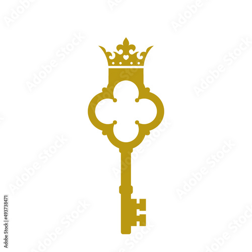 Golden key with crown icon isolated on white background