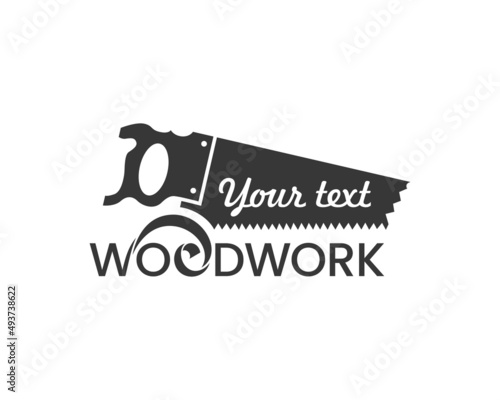 Woodwork logo template. Simple emblem with a hand saw in one color. Stock vector illustration for woodwork shop or carpentry.
