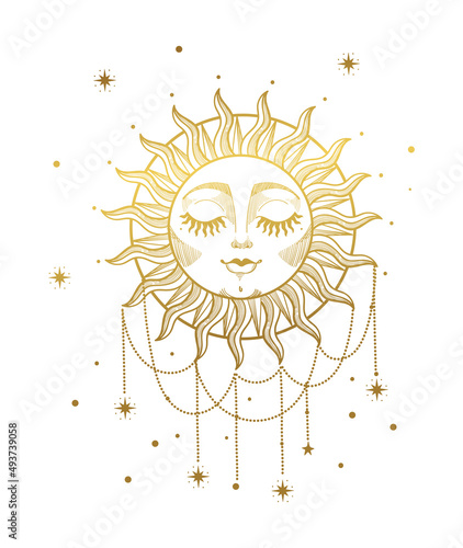 A beautiful bohemian golden sun with a face and closed eyes, adorned with jewels, stars and beads. Hand drawn vintage tattoo. Celestial symbol for tarot cards and astrology. Vector illustration