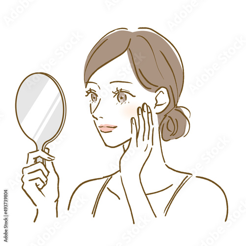 鏡を持って微笑む女性のイラスト　スキンケア