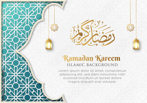 Ramadan kareem background with elegant white and golden decoration and hanging lanterns