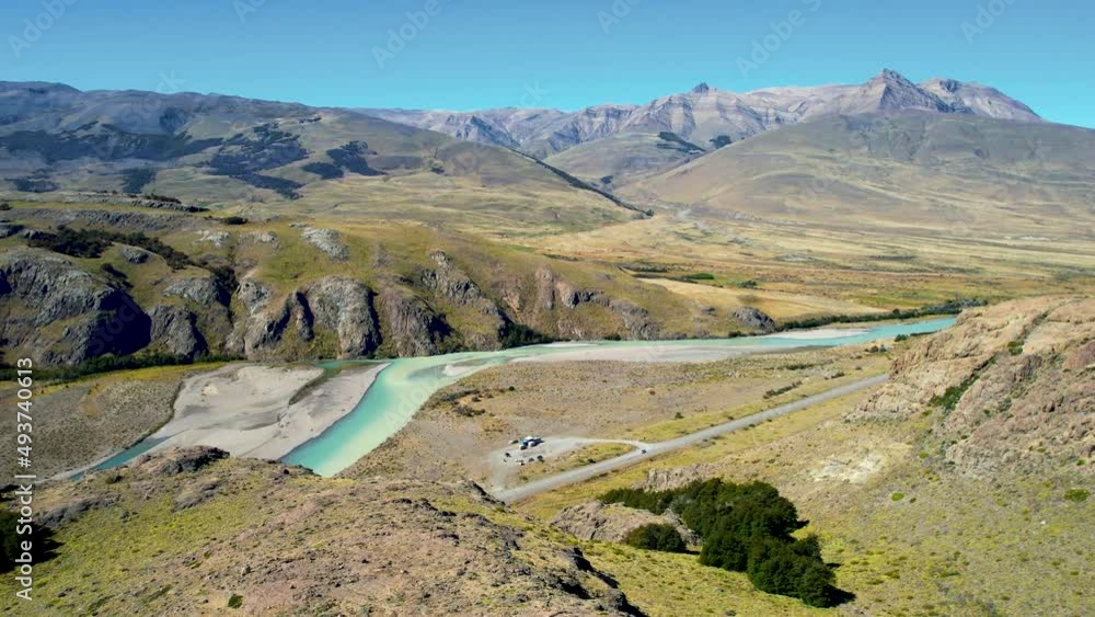 Panoramic aerial view to the wild nature in El Chalten, Patagonia, Argentina. Wonderful mountain river with blue water rom above. Drone footage. Panoramic aerial view to the wild nature in El Chalten, Patagonia, Argentina. Wonderful mountain river with blue water rom above. Drone footage.