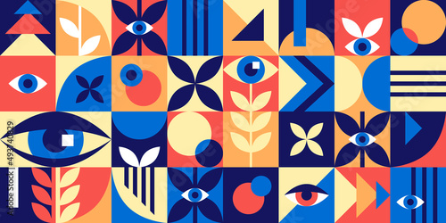 Bauhaus geometric abstract elements with eyes and simple forms. Modern style shapes, minimalistic retro design for poster, cards, book, certificate. Hipster 20s trend collage, vector illustration