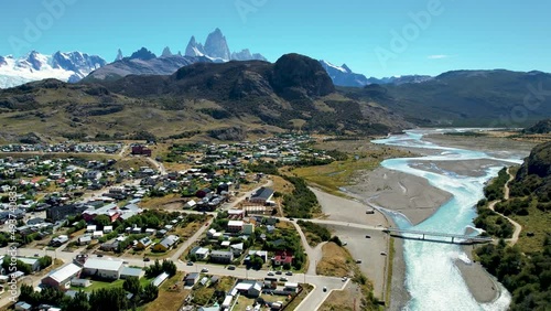 El Chalten, Patagonia, Argentina. Panoramic aerial view. Cozy village, wild nature and landscape from above. Drone 4k footage