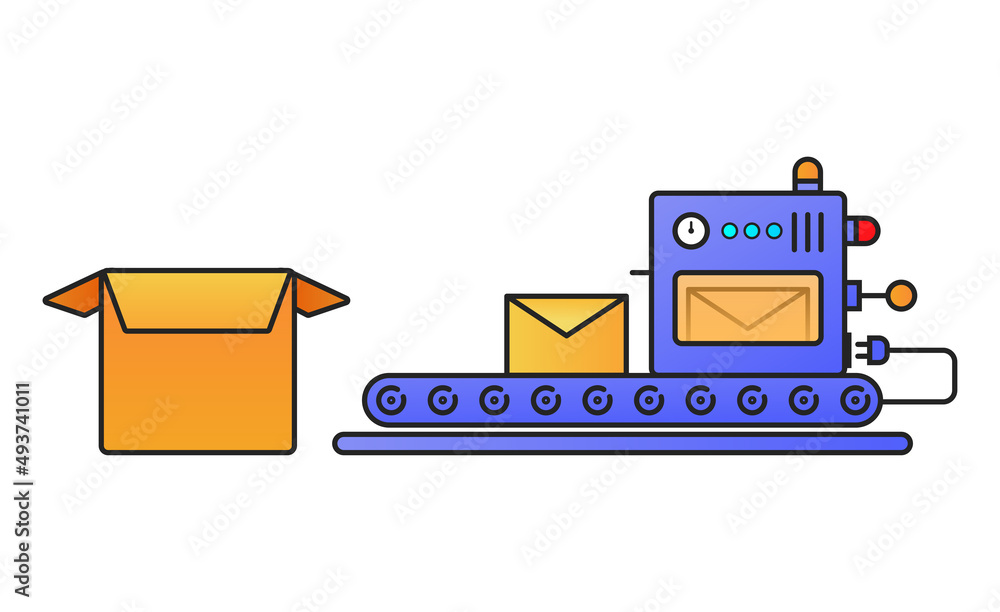 Automation production line machine. Process of boxes packing on conveyor flat vector illustration icon. Manufacturer, mail warehouse concept startup company. Concept for banner, website, landing. Automation production line machine. Process of boxes packing on conveyor flat vector illustration icon. Manufacturer, mail warehouse concept startup company. Concept for banner, website, landing.