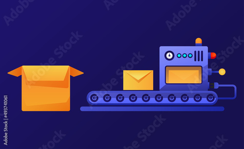 Conveyor machine working. Modern mechanical equipment for manufacturing, factories and industry, post office. Design elements for website. Mail packaging. Vector illustration.