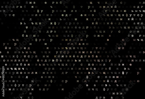 Dark green, red vector background with signs of alphabet.
