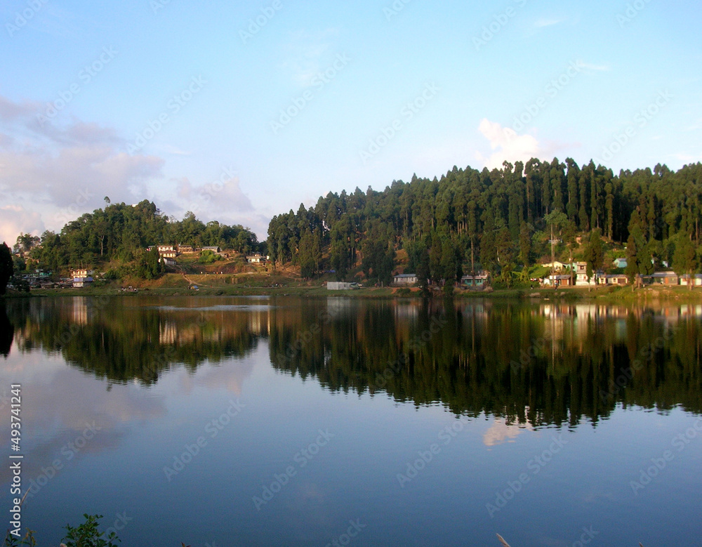 The conifer pine trees and houses mirrored at Sumendu Lake look mesmserizing at Mirik in Darjeeling. This is an old artificial lake measuring around 1.25 km long and main attraction of the place.