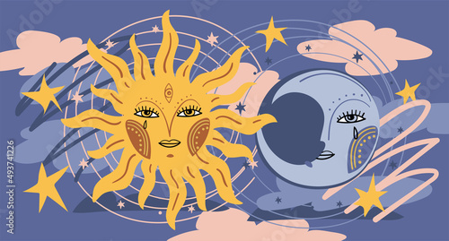 Magic banner for astrology, celestial background with sun and moon with a face on a blue sky with clouds. Celestial card for zodiac, tarot, mystical universe. Esoteric vector wallpaper illustration.