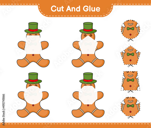 Cut and glue, cut parts of Gingerbread Man and glue them. Educational children game, printable worksheet, vector illustration